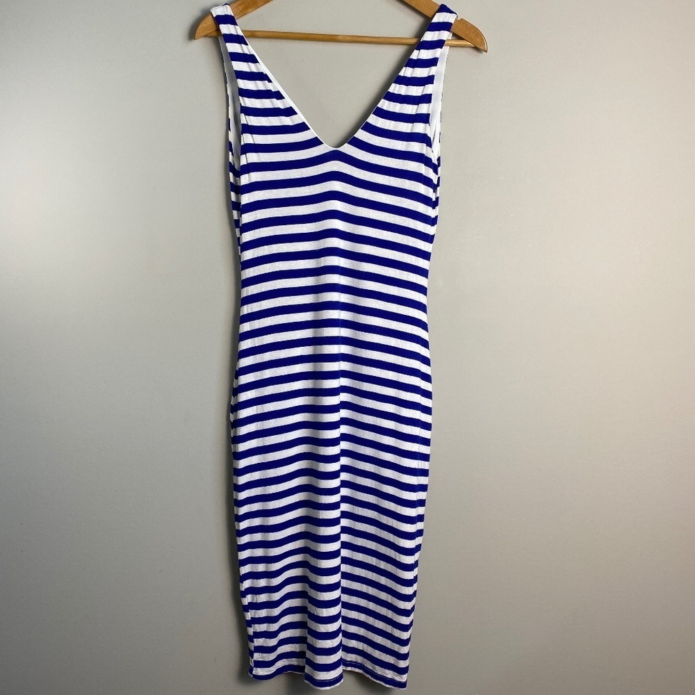B-SHARP Womens Sleeveless Blue + White Stipe Midi Stretch Lined Dress Size Large